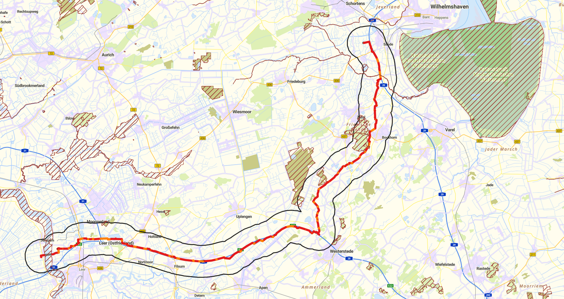 Abbildung 1: Georeferenzierter Trassenverlauf und Visualisierung von FFH-Gebieten (Fauna, Flora, Habitate)