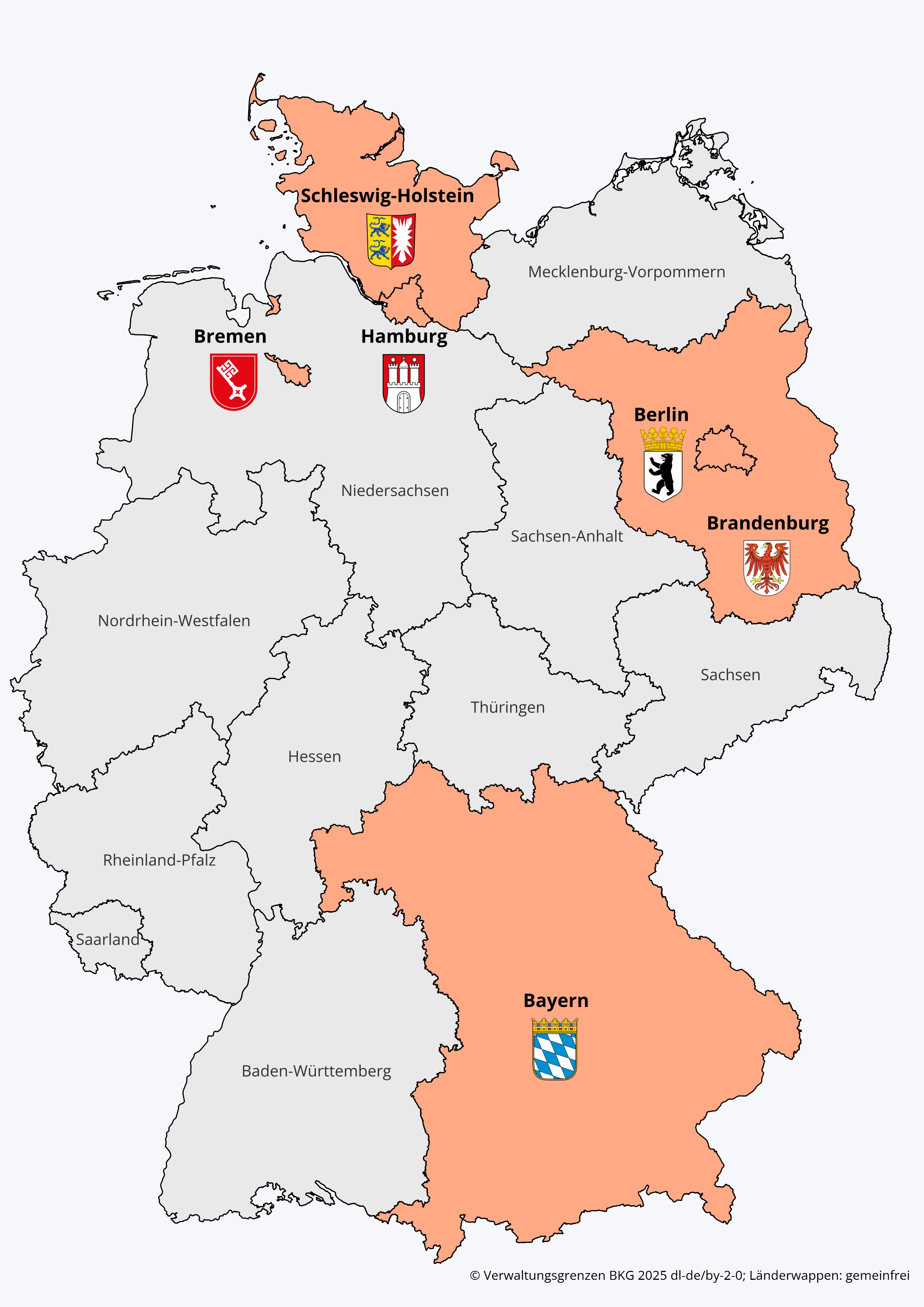 Deutschlandkarte mit Hervorhebung der VDiPB-Länder Bayern, Berlin, Brandenburg, Bremen, Hamburg und Schleswig-Holstein